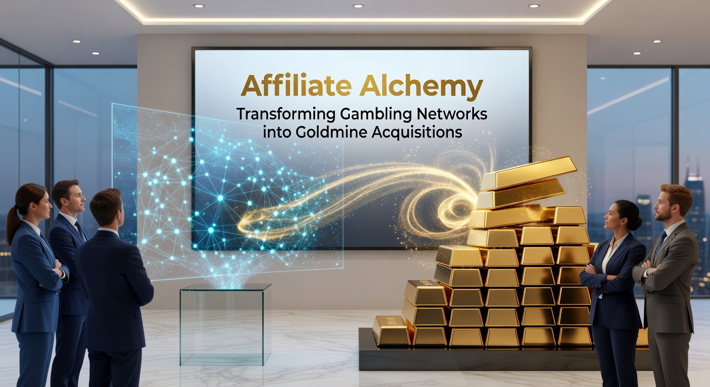 Visual representation of interconnected affiliate networks funneling traffic to iGaming platforms, depicted as golden streams merging into a treasure vault