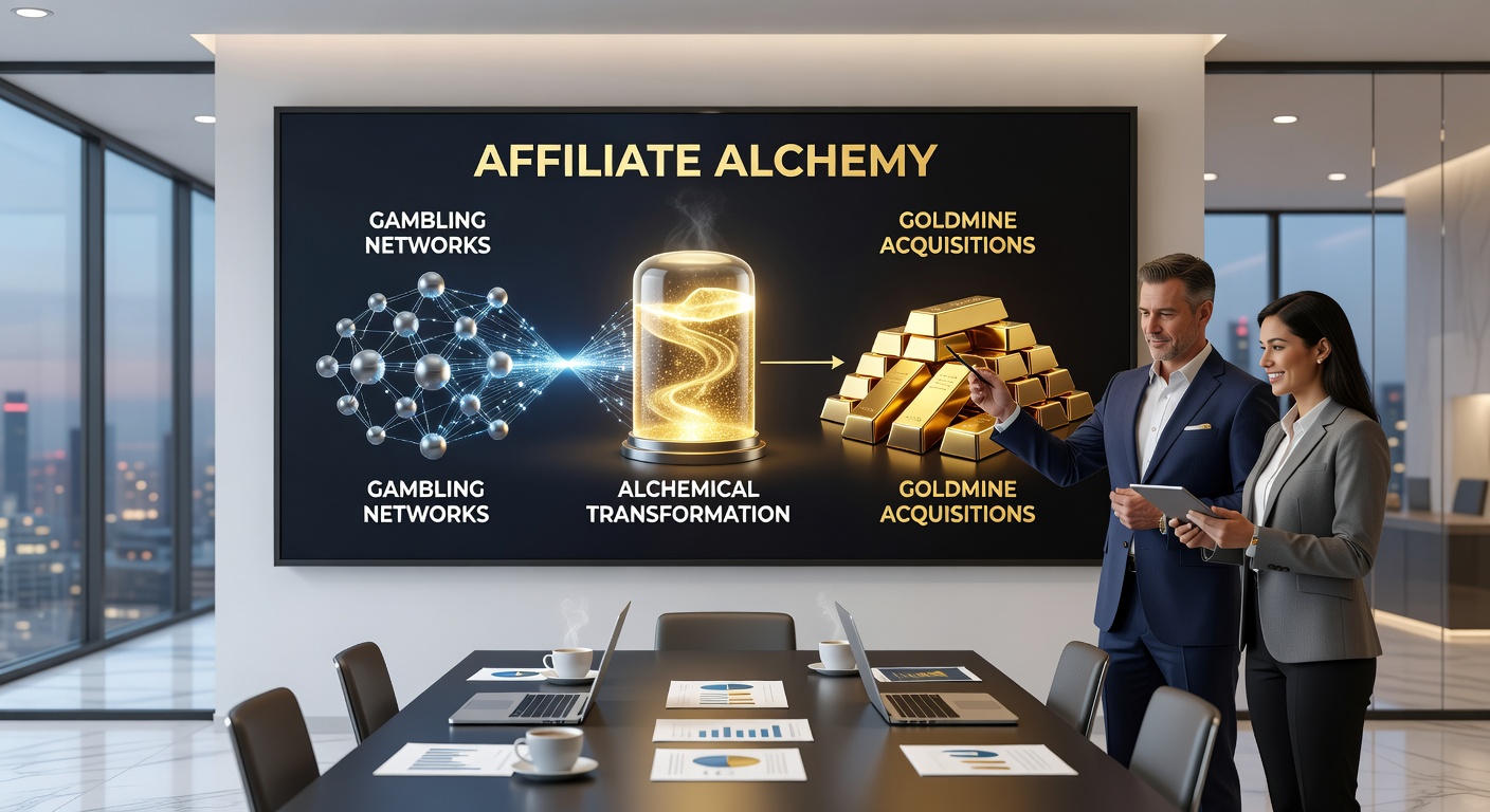 Chart illustrating revenue growth curves for acquired affiliate networks, with icons of alchemical symbols overlaying deal timelines and payout structures