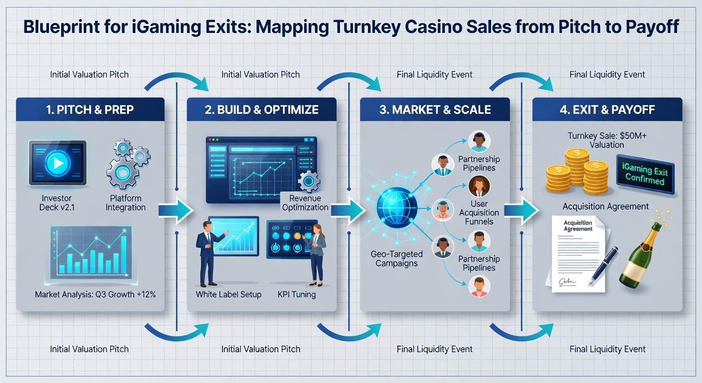 Infographic roadmap illustrating iGaming sales stages with icons for pitch, due diligence, negotiation, and payoff