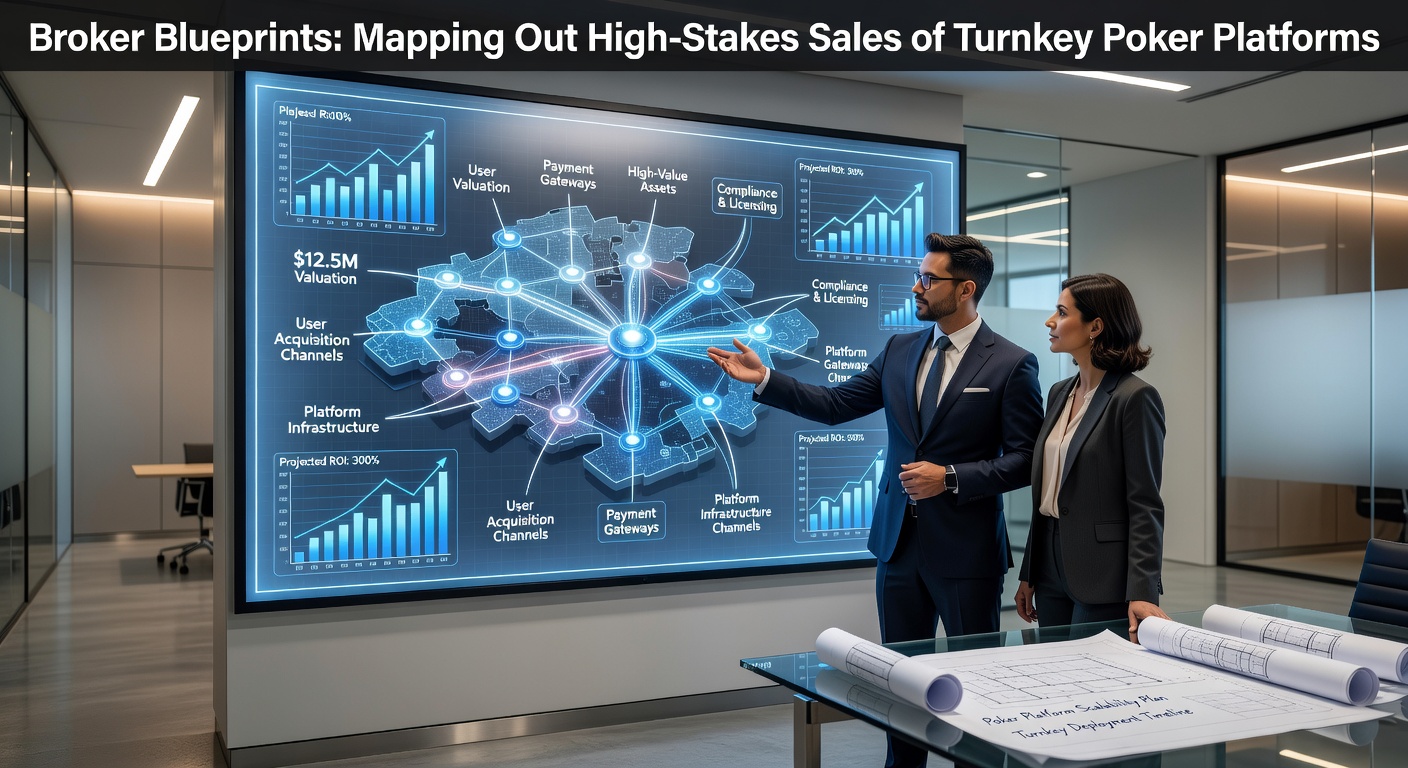 A broker reviewing blueprints and charts for a high-stakes poker platform deal, with digital screens showing graphs and platform interfaces in the background