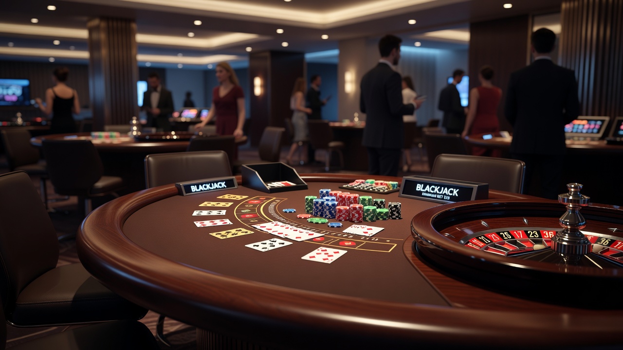 Close-up view of roulette wheel and cards on a blackjack table illustrating game components