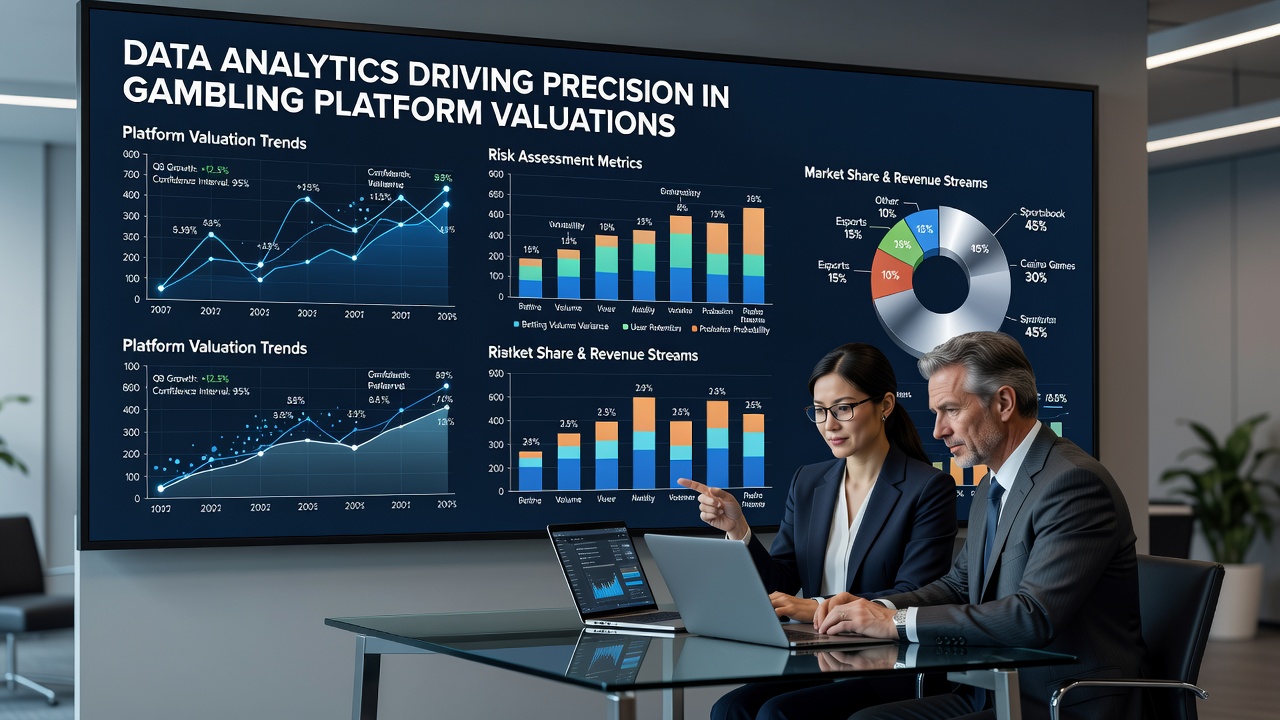 Analytics team reviewing gambling platform performance data during a valuation review meeting