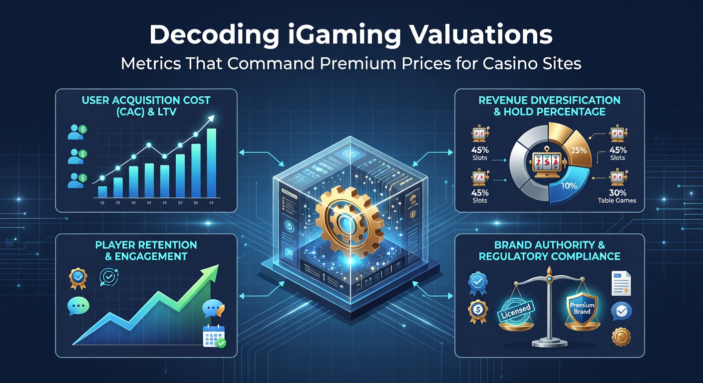 Graph showing rising iGaming site valuations with key metrics like revenue and user growth overlaid on a casino-themed background