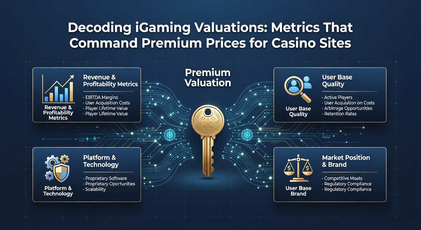Infographic detailing EBITDA and player retention metrics with upward arrows and casino icons, highlighting premium valuation factors