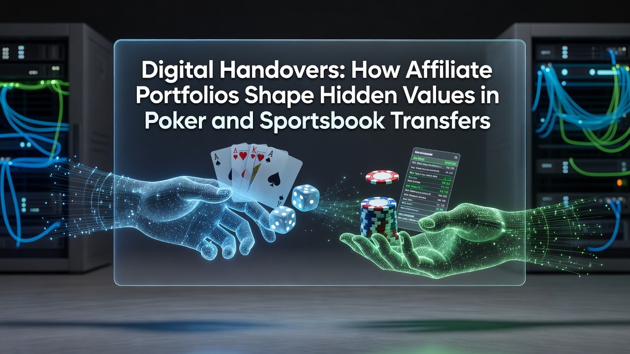 Digital affiliate network visualization showing traffic flow in poker and sportsbook platform transfers