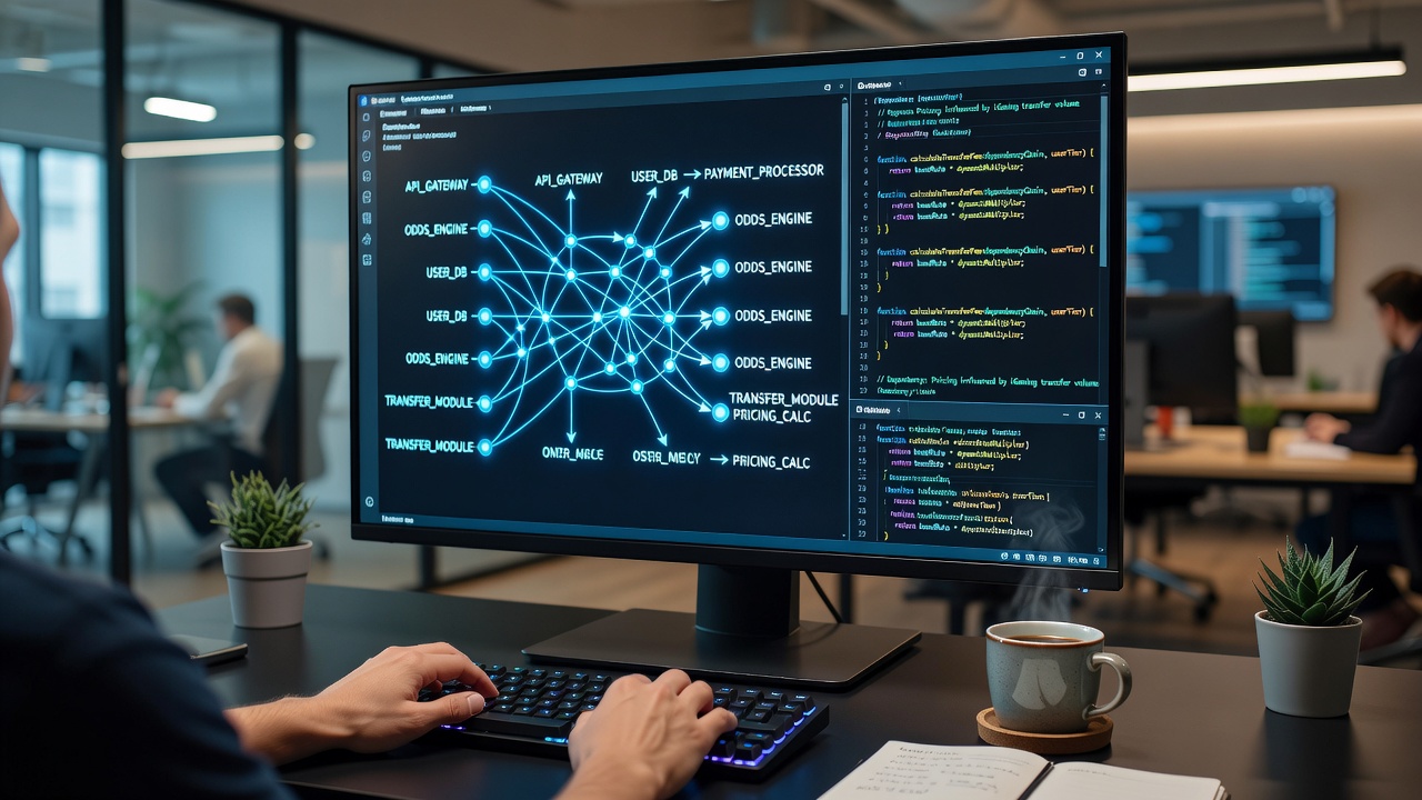 Illustration showing interconnected backend code modules and dependency graphs for iGaming platforms