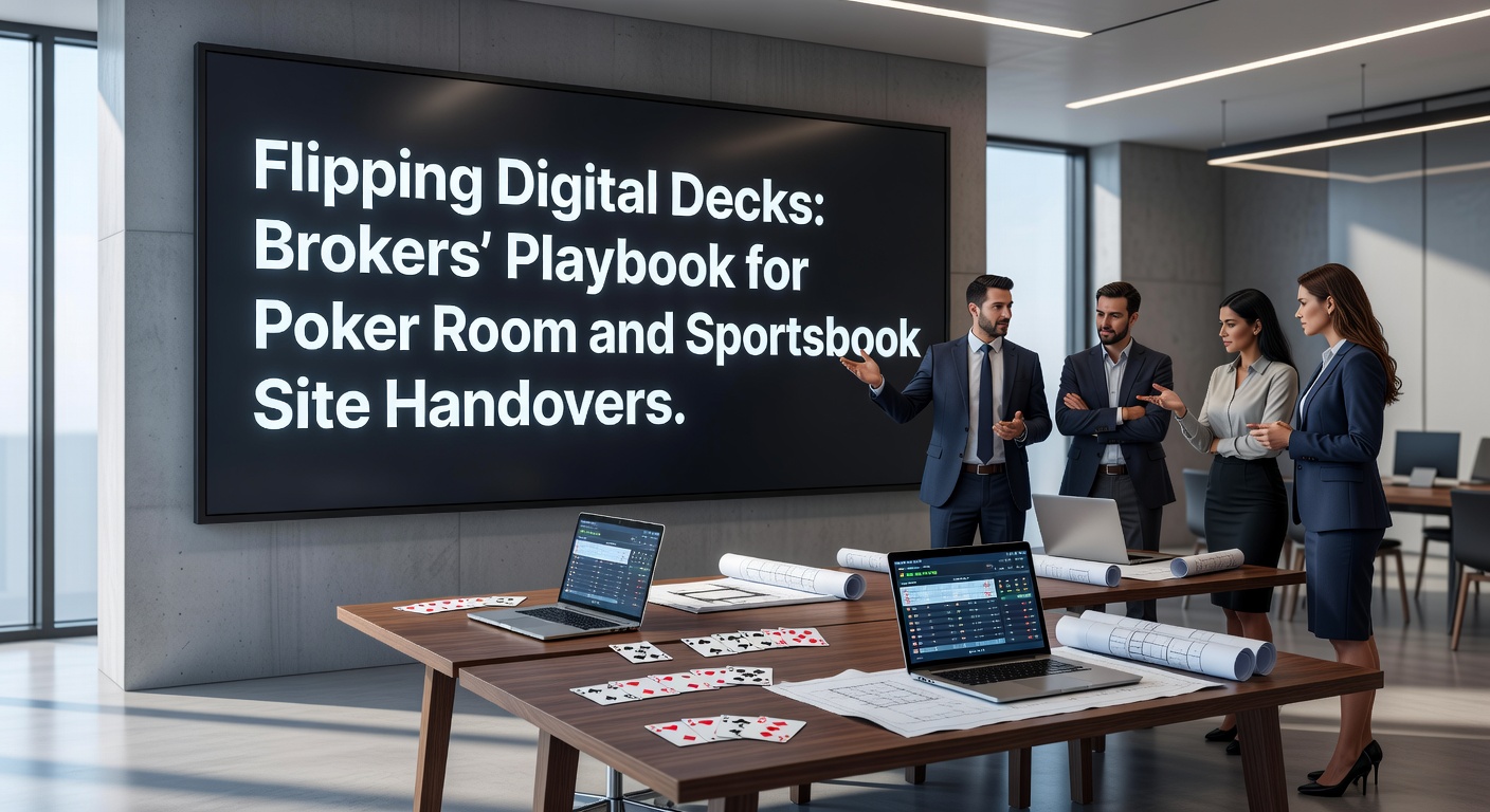 Digital dashboard showing poker room analytics transitioning to a new owner, with graphs of player traffic and revenue streams