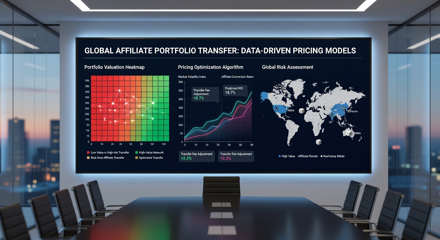 Team reviewing predictive revenue models during an affiliate portfolio transfer negotiation