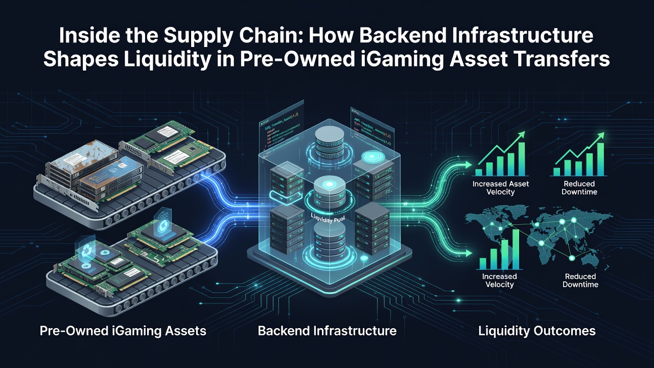 Supply chain diagram showing backend infrastructure components in pre-owned iGaming asset transfers