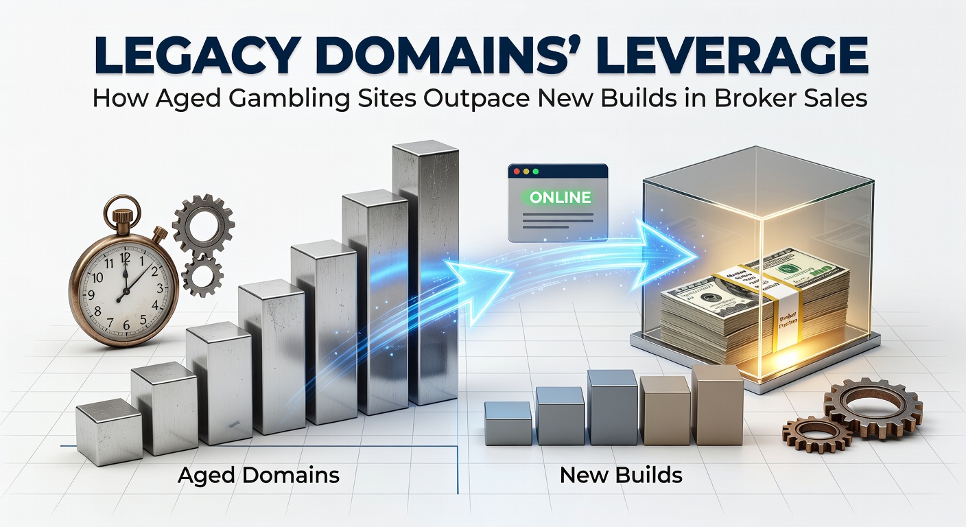 Infographic comparing SEO metrics and sale multiples for legacy versus new gambling sites, with bars showing backlink volume and organic traffic disparities