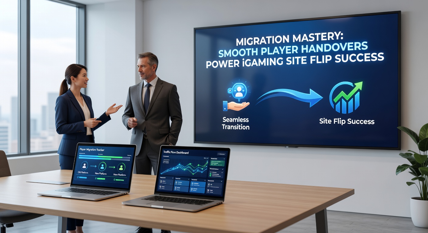 Infographic showing the step-by-step player migration process during an iGaming platform handover, highlighting data flows and retention metrics