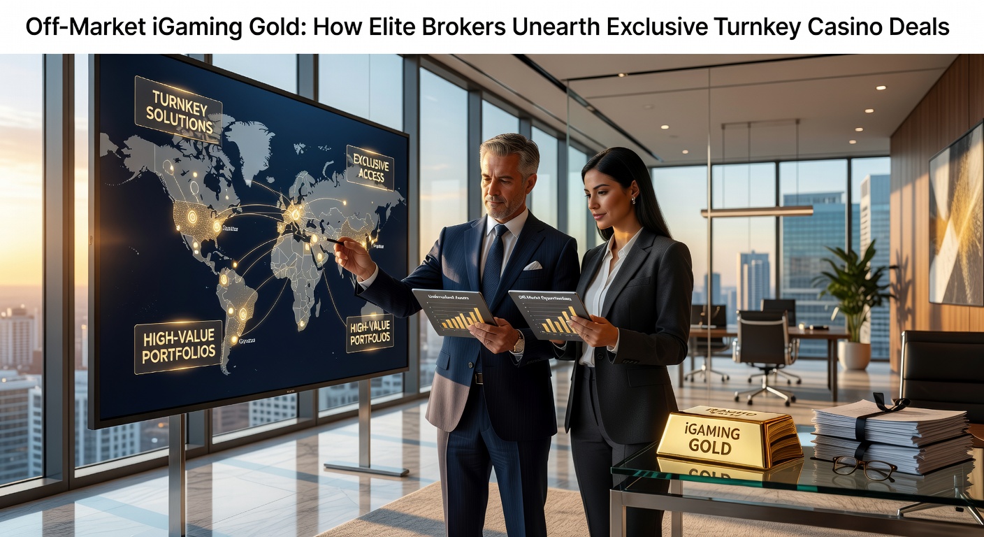 Elite broker reviewing confidential iGaming deal documents in a dimly lit office, symbolizing the secretive world of off-market turnkey casino acquisitions