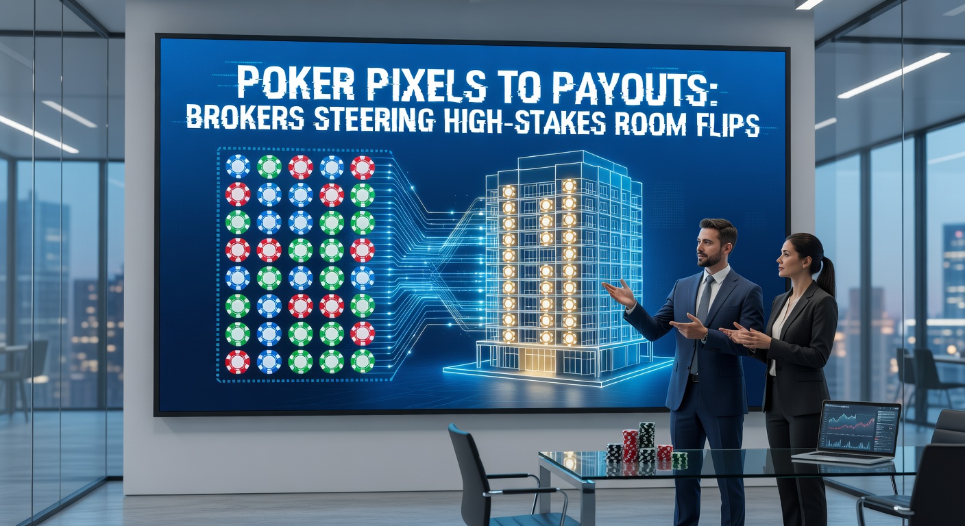 High-stakes poker brokers reviewing digital room analytics on screens during a deal negotiation