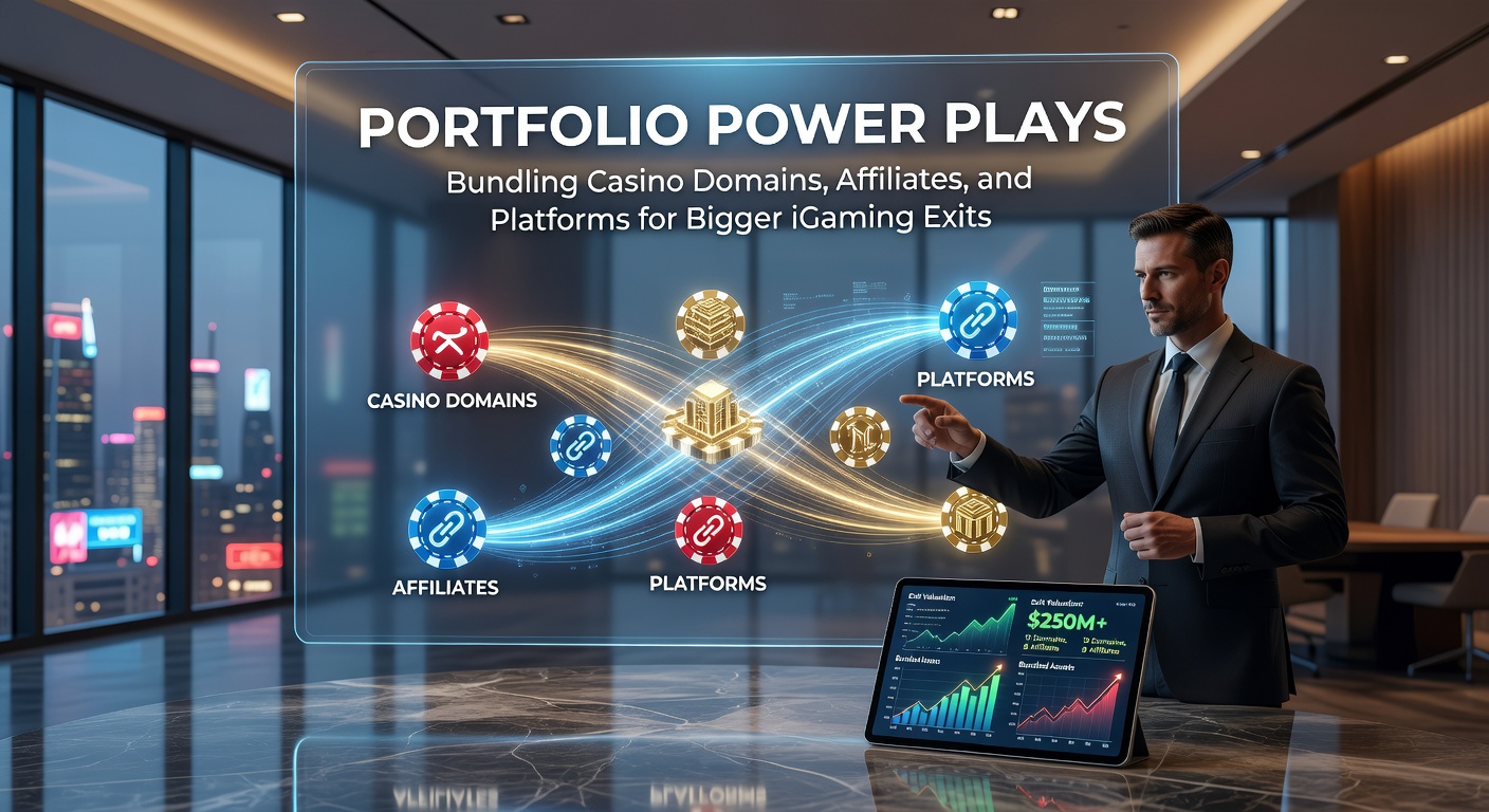 Illustration of interconnected iGaming assets like domains, affiliate networks, and platforms forming a powerful portfolio bundle ready for sale