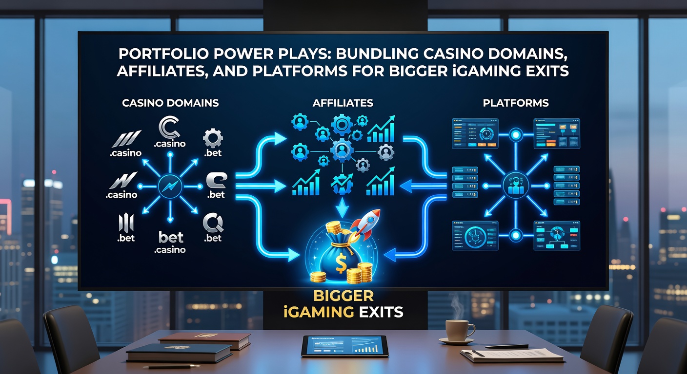 Graphic depicting a bundled iGaming portfolio with casino domains linking to affiliate funnels and platform tech stacks, illustrating multiplied exit value