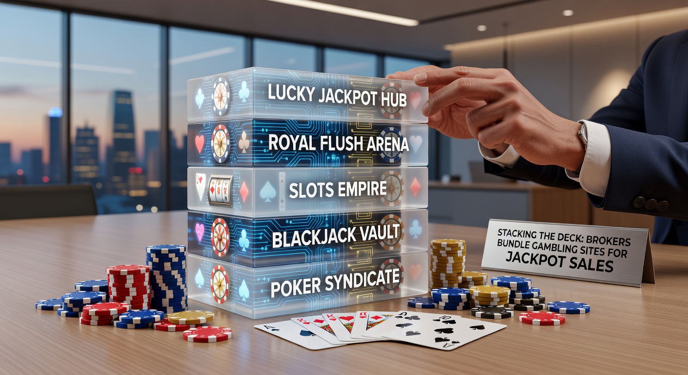 Brokers arranging a stack of digital gambling site icons like playing cards, symbolizing bundled sales strategies