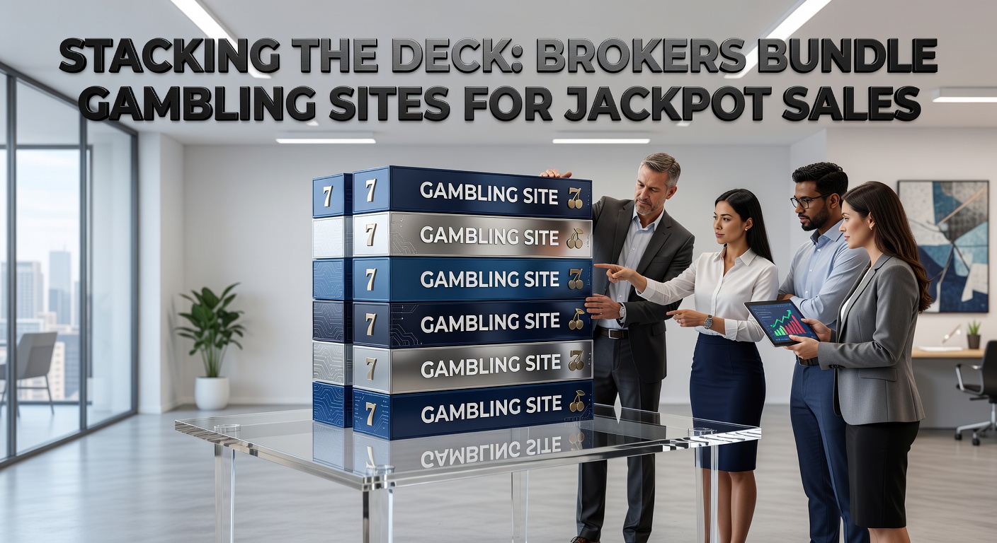 Illustration of a jackpot slot machine overflowing with bundled gambling site logos, representing high-value sales packages