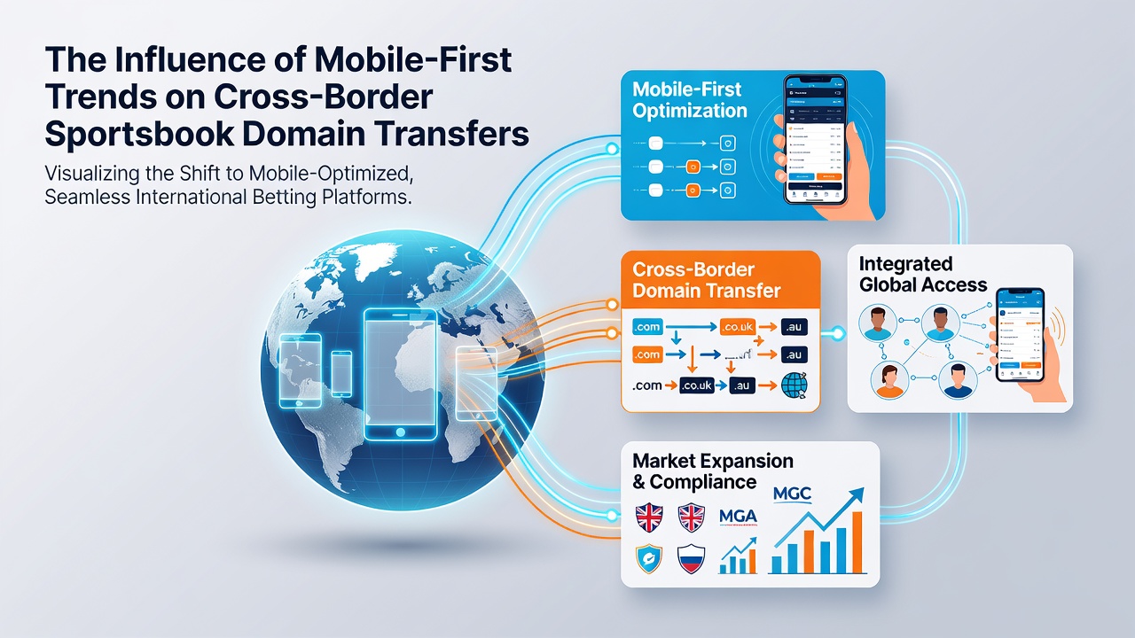 Global map highlighting cross-border domain transfer routes with mobile icons overlaid