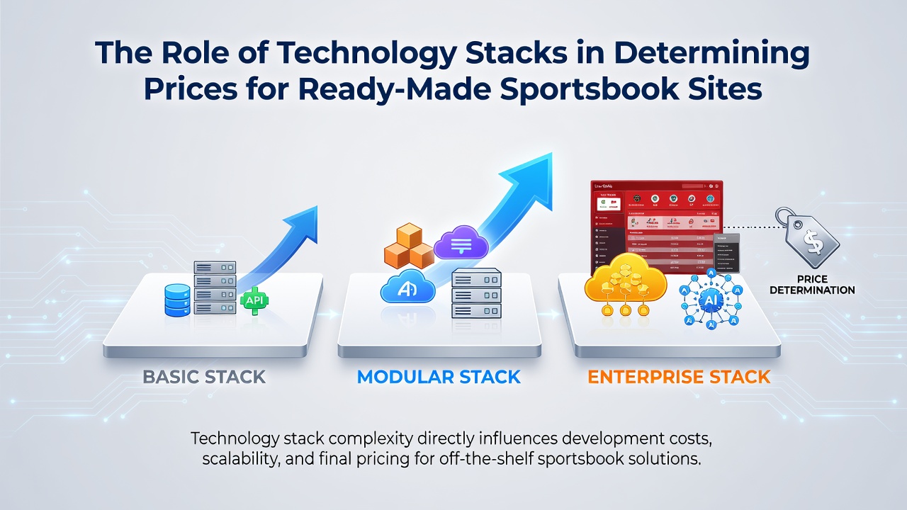 Technology infrastructure components displayed across server racks and code interfaces used in sportsbook platform development