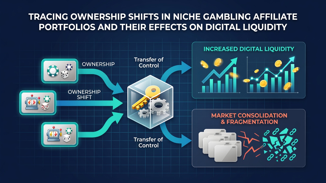 Visual representation of ownership transition charts and affiliate network mappings in the gambling sector