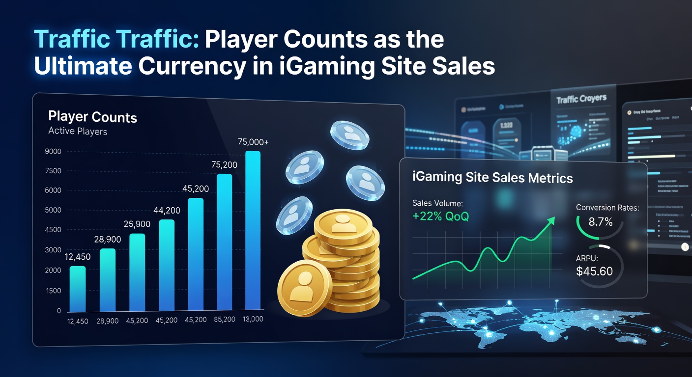 Broker reviewing iGaming site analytics on a laptop, surrounded by charts of player growth and revenue correlations